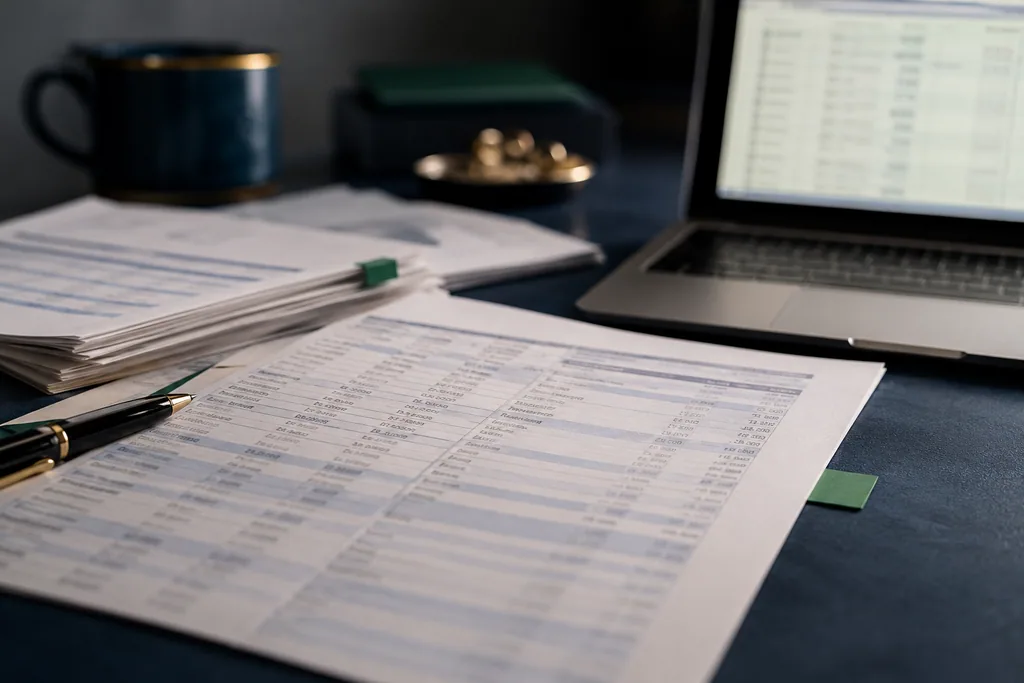 Bank statement PDF rows becoming a checked spreadsheet on a finance desk.