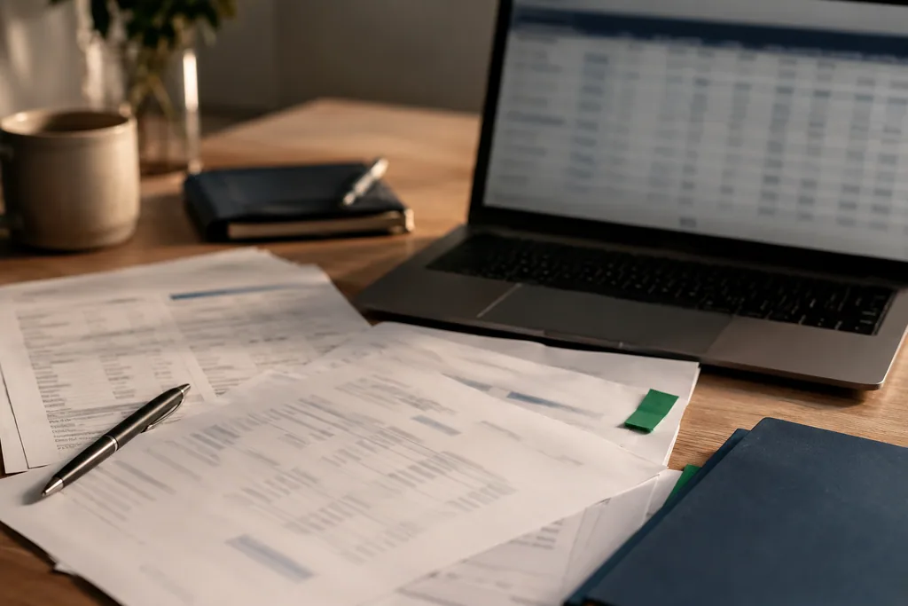 Invoice PDF line items becoming an editable spreadsheet on an office desk.