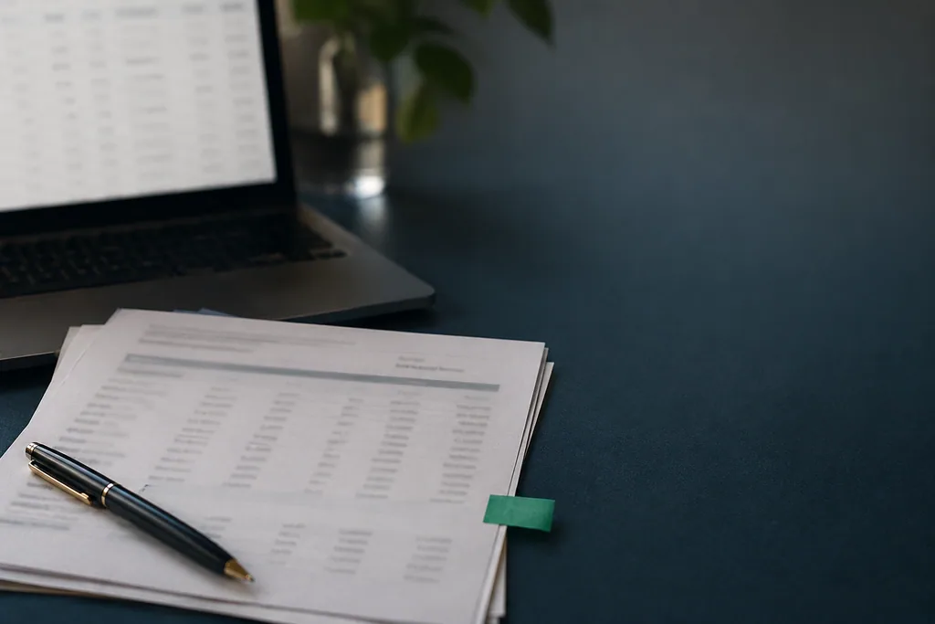Statement rows prepared for CSV and QBO export on a workflow desk.